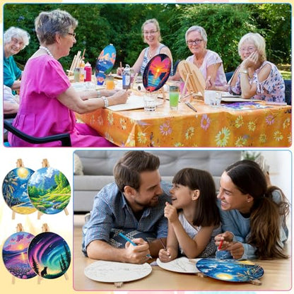 Supervitae 72 Piece Scenery Round Pre Drawn Canvas Kit 8" Paint and Sip Kit for Adults Painting Party Pre Printed Canvas DIY with Pictures Paints Easels Brushes for Party Gifts - size: 8", style: Scenery