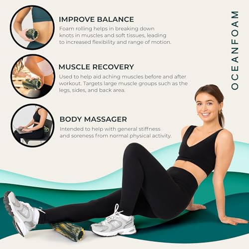 Oceanfoam Ripple Travel Foam Roller (11" x 3.35") Firm Mini Foam Roller for Physical Therapy, Deep Tissue Massage, Back Pain - High Density, Wave Textured - Yoga (Hunter, Gold & Natural Marbled) - color: Hunter, Gold & Natural Marbled