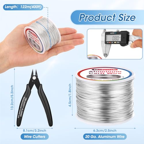 Modacraft 20 Gauge Silver Aluminum Jewelry Wire, 400FT with Wire Cutters | 0.8mm Soft bendable silver craft wire perfect for jewelry coiling, beading, sculpting and various DIY crafting activities - color: Silver, size: 20 Gauge