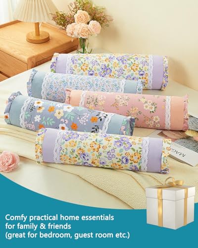 Buckwheat Hull Neck Roll Pillow -15.7" x4.7” Adjustable Firmness Cervical Support for Sleep & Yoga, Cooling Floral Cotton Cover, Ergonomic Bolster Pillow, Blue - color: Grass-blue