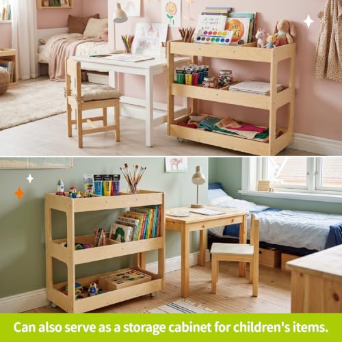 3-Tier Wooden Art Cart Organizer on Wheels for Kids | Rolling Craft Cart, Montessori Furniture, Multi-Functional Birch Plywood Art Supply Cart for Office, Nursery & Classroom