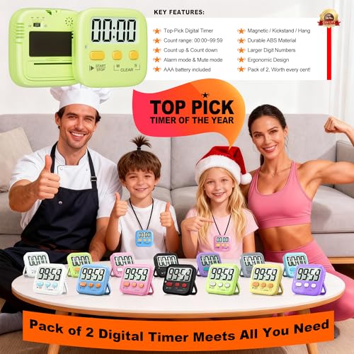 Antonki 2 Pack Digital Timer for Kids Classroom Kitchen Timers for Cooking | w/ Battery, Easy to View, Alarm, Mute Mode, Count Down/Up, Magnetic, Kickstand, Hanging, Classroom Timer for Teacher Supplies - color: Light Green