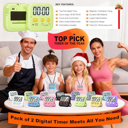 Antonki 2 Pack Digital Timer for Kids Classroom Kitchen Timers for Cooking | w/ Battery, Easy to View, Alarm, Mute Mode, Count Down/Up, Magnetic, Kickstand, Hanging, Classroom Timer for Teacher Supplies - color: Light Green