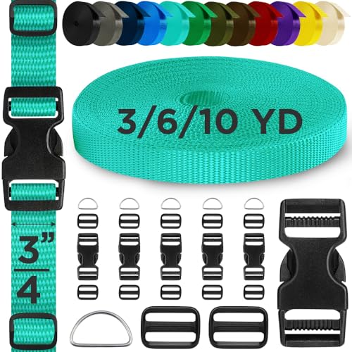 TECEUM 3/4" Nylon Strap Kit with Buckles, Turqouise 6 yards Repair Set | Heavy duty hardware kit: 6yd webbing, 6 quick release buckles, 12 tri-glide slide clips, 6 metal D-rings for crafting. - color: Turqouise, size: 3/4" - 6 yards, style: 6 Buckle - 12