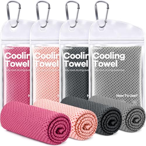 ROXUN Cooling Towels, 4 Pack (40''x12'') Chilly Ice Rags for Neck and Face | Gray+Dark Gray+Pink+Light Pink, Soft Breathable, Sports and Outdoor Workouts, Comes with Storage Bags & Carabiners - color: Gray+dark Gray+pink+light Pink