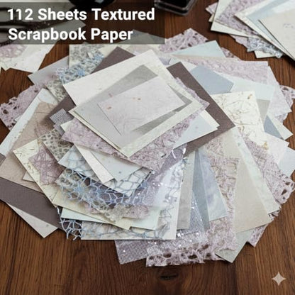 Muwfeuin 112 Sheets Textured Craft Paper and Fabric for Journals | Assorted textured paper and fabric pieces for scrapbooks, junk journals, card making, collage, and DIY decor.