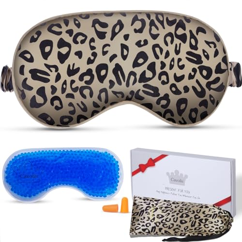 Sleep mask w/Cooling Gel Eye Mask, Heated Eye Mask for Sleeping, Reusable Ice Silk Stain Eye Cover Sleeping Mask for Travel, Home, Office, Yoga, Total Blackout, Stocking Stuffers (Leopard) - color: Brown-leopard