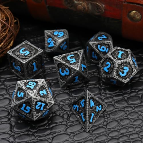 Haxtec Metal DND Dice Set, 7 Pcs Dragon Pattern Polyhedral Dice for RPG | Blue Numbers D&D with Leather Bag, Compatible with Dungeons and Dragons, Matte Black Heavy Metallic, Gifts for Table Games - color: Matt Black Blue