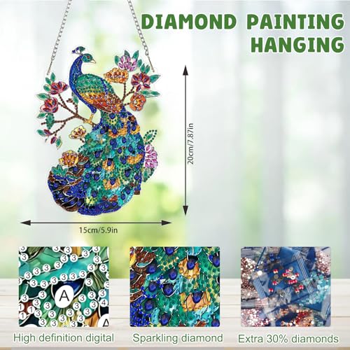 MAXBYE Peacock Diamond Art Kits for Adults Hanging Ornament, DIY Special Crystal Diamond Painting kit, Double Sided Painting Kits for Beginners Gift Wall Home Decoration 8×8 Inch - color: 19-Peacock