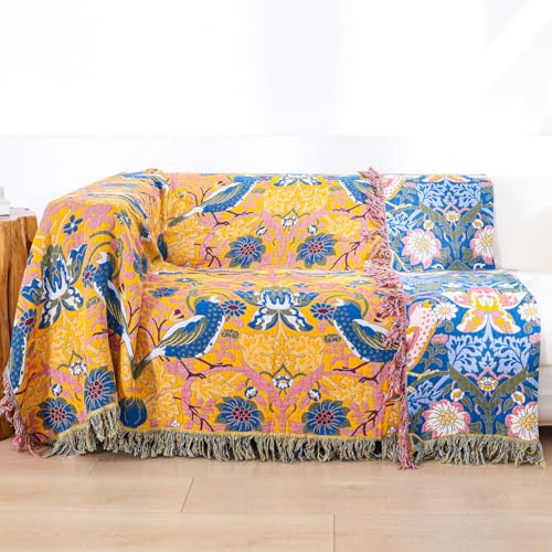 Boho Cotton Muslin Twin Size Bed Throws Blue&Yellow 60"×80" - color: Bird&florals, size: 60''x80''
