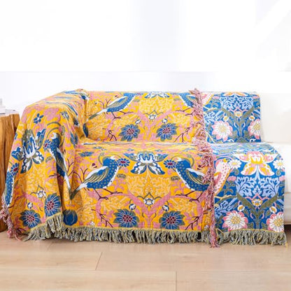 Boho Cotton Muslin Twin Size Bed Throws Blue&Yellow 60"×80" - color: Bird&florals, size: 60''x80''