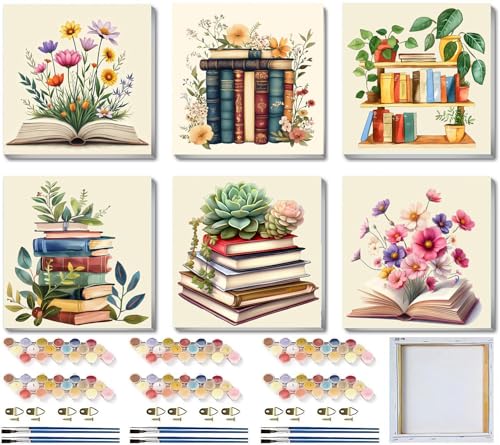 SYDYLH 6 Pack Framed Paint by Numbers for Adult, Books Easy Paint by Numbers with Frame, DIY Flowers Acrylic Adult Painting by Number Kits on Canvas for Gift Decor 8 x 8 Inch - color: Books and flowers Paint By Numbers with Framed 6-pack, size: 8''x8''-wi