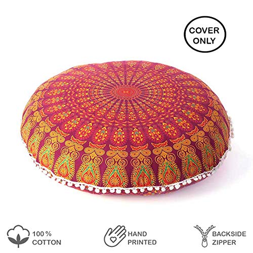 Mandala Floor Pillow Cover Meditation Cushion Seating Throw Hippie Round Colorful Decorative Bohemian Indian Pouf Ottoman Handmade Cover ONLY (A1 Burgundy, 32" x 32") - color: A1 Burgundy, size: 32" x 32" (Pack of 1)
