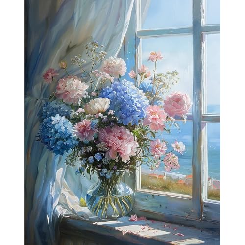 PRASIO Paint by Numbers Kit for Adults Beginner, Flowers Adult Paint by Number Kits on Canvas, DIY Acrylic Watercolor Oil Paint by Number for Adults for Home Decor Gift 16x20 Inch - color: XM-OP-WindowsillHydrangea-4050