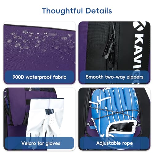 KAVIGOR Rolling Baseball Bag with Wheels, 60L Capacity Softball Bag Holds 4 Bats for Boys and Girls, Youth Equipment Bag with Shoe Compartment - color: Purple