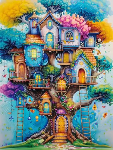 DIY Colorful House on Tree Diamond Art Kits for Adults, 5D Diamond Painting Kits for Beginners, Diamond Dot, Dimond Art Paintings, Full Drill Gem Painting, Crafts for Adults, Home Wall Decor 12x16inch - color: QY145
