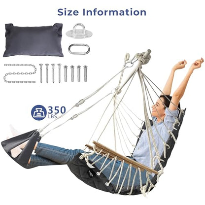 Hammock Chair Hanging Swing,with Footrest&Wooden Armrest;Dark Grey | Steel Spreader Bar, Headrest Piillows,Quilted Fabric for Porch/Garden/Outdoor/Indoor,Upto350lbs