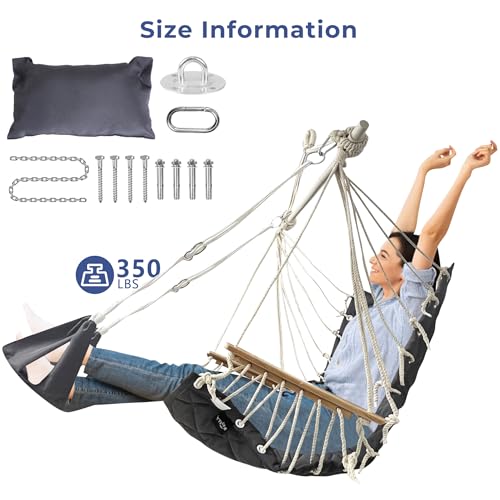 Hammock Chair Hanging Swing,with Footrest&Wooden Armrest;Dark Grey | Steel Spreader Bar, Headrest Piillows,Quilted Fabric for Porch/Garden/Outdoor/Indoor,Upto350lbs