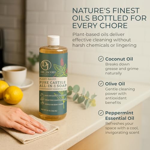 Dr. Jacobs Naturals Peppermint Castile All-in-One Cleaner and Soap - Plant-Based Formula for House Cleaning Floors and Appliances - Gentle on Skin and the Planet - 32 oz, 1 Pack - size: 32 Fl Oz (Pack of 1), style: Peppermint
