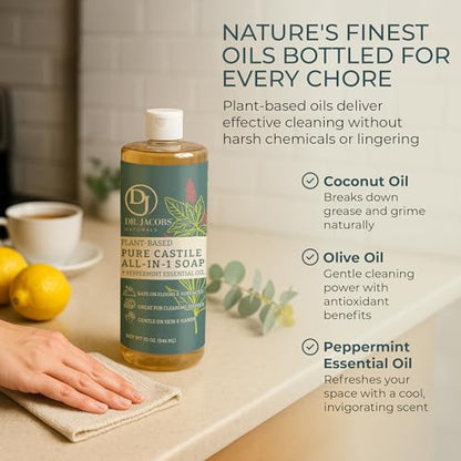 Dr. Jacobs Naturals Peppermint Castile All-in-One Cleaner and Soap - Plant-Based Formula for House Cleaning Floors and Appliances - Gentle on Skin and the Planet - 32 oz, 1 Pack - size: 32 Fl Oz (Pack of 1), style: Peppermint