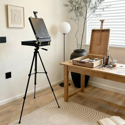French Style Easel with Beech Wood & Aluminum Tripod | Light Weight Plein Air Easel- Adjustable Sketch box Tripod for Outdoor & Studio Painting, Sketching - color: Nature