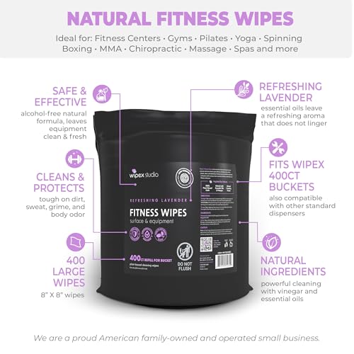 Wipex Gym Wipes Bucket Refill – EWG Verified, 400 Ct Plant-based Fitness Equipment Wipes, Lavender and Vinegar to Clean Surfaces, Safe Yoga Mat Cleaner, Gym Cleaner and Peloton - size: 400 Count (Pack of 1), style: Lavender: Refill