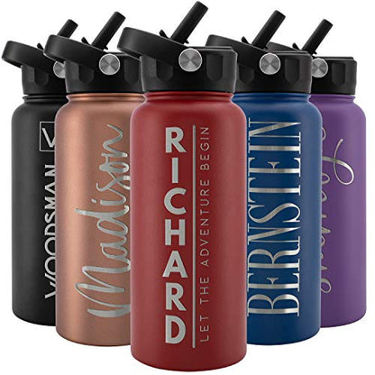 Amazing Items Personalized Water Bottle w/Straw & Lid, 32 oz - Fire Red | Custom Stainless Steel Sports Water Bottle w/Name and Text - Double-Wall, Vacuum Insulated - Rotating Handle - color: Fire Red, size: 32 Ounces