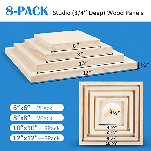 Falling in Art 8 Pack 4 Sizes Unfinished Birch Wood Canvas Panels Kit | Studio 3/4’’ Deep Wood Canvas, Cradle Boards for Painting, Pouring, Burning, Crafts, Epoxy Resin, Laser Engraving Cutting - size: 6*6 8*8 10*10 12*12 2-Pack
