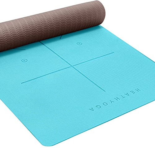 Heathyoga Yoga Mat Non Slip TPE Pilates Exercise Mats for Home Workout Gym Fitness Eco Friendly Thick Hot Yoga Mat with Strap Body Alignment,72"x 26" Thickness 1/4" - color: Turquoise