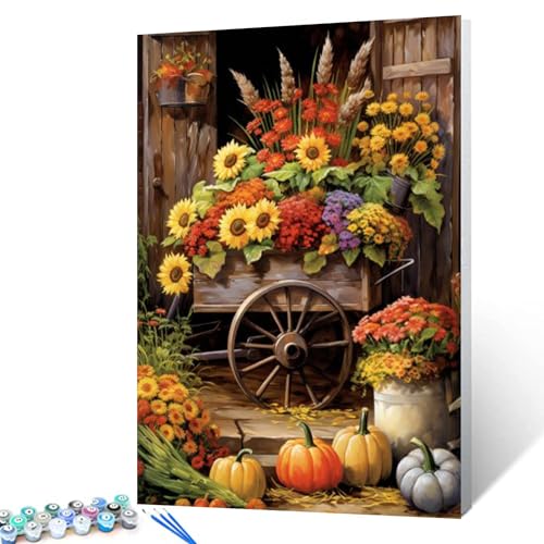 Tucocoo Colorful Flowers Float Paint by Number Rural Fall Harvest Scenery DIY Painting on Canvas with Brushes Acrylic Paints Paint by Numbers for Adults and Kids Beginner 16x20 Inch（DIY Frame） - color: Garden 07, size: 16''x20''(DIY Frame)
