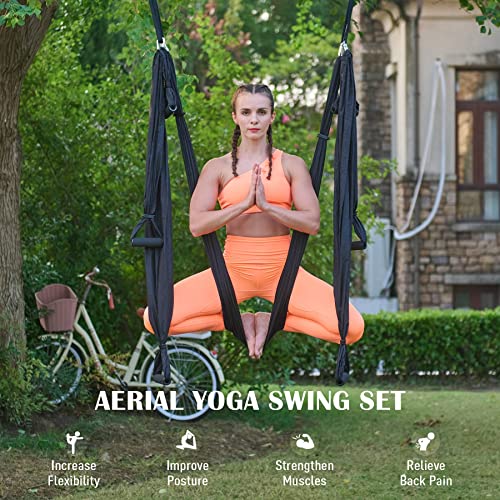 ZELUS Aerial Yoga Swing Sling Strong Yoga Hammock Kit Set Trapeze Inversion Equipment Include 2 Extensions Straps and Ceiling Mounting Kit - color: Black