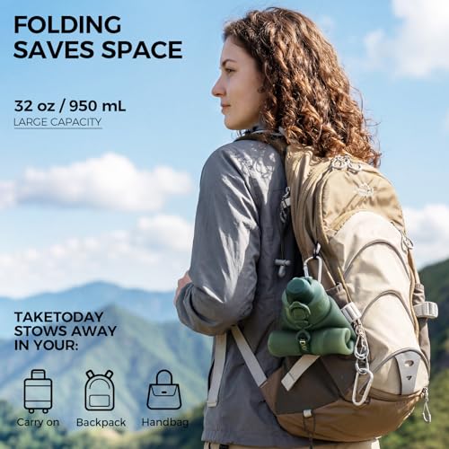 TakeToday Collapsible Water Bottles, Foldable for Travel, 32oz, Purple | Compact Foldable Travel Bottle with Straw, TSA-Approved Leakproof Silicone, BPA-Free for Hiking & Outdoors - color: Purple