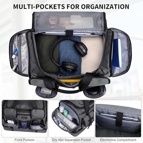 WITZMAN Duffle Bag for Men 55L Nylon Travel Weekender with Shoe Compartment - color: Silvery Grey