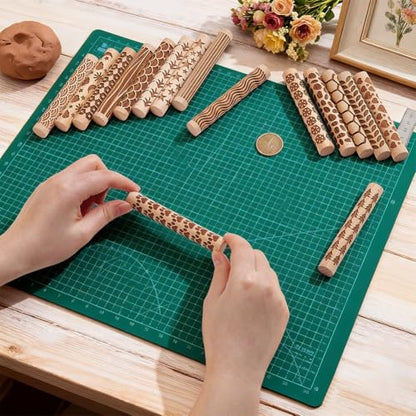 UNICRAFTALE 16Pcs 16 Styles Wooden Clay Texture Rollers Set for Pottery Ceramics Potters Stamp Roller Tools Modeling Pattern Rollers Kit 10.2cm Textured Rolling Pins for DIY Handmade Art Supplies
