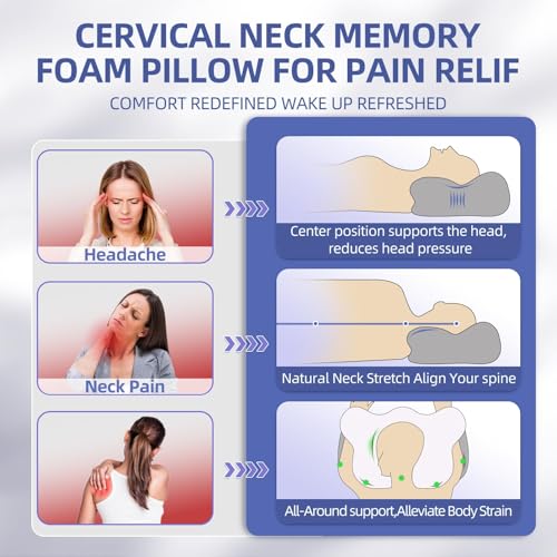 FUNCCUBE Cervical Neck Pillow - Memory Foam Pillows for Pain Relief Sleeping with Cooling Pillowcase, Ergonomic Contour Odorless Bed Pillow for Back Side Shoulder Stomach Sleeper, Queen White