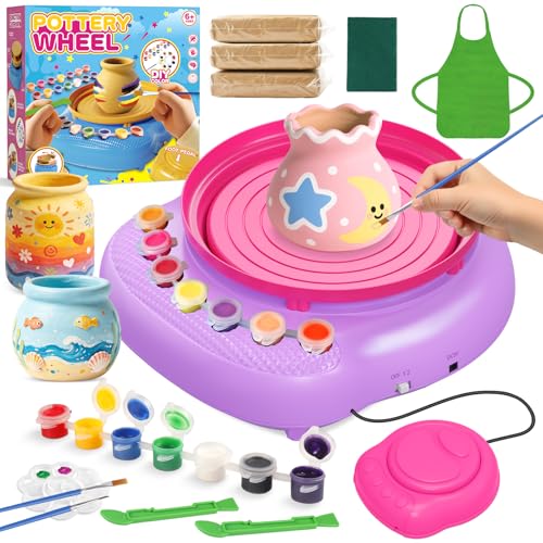 Weilim Pottery Wheel for Kids Beginners, Air-Dry Clay & Paint Kit Ages 6-12 | 3 Clay Packs, 14 Paint Colors, Sculpting Tools, Brushes, Palette,Apron; Gentle Beginner Spin, USB Rechargeable, No Oven - color: Purple