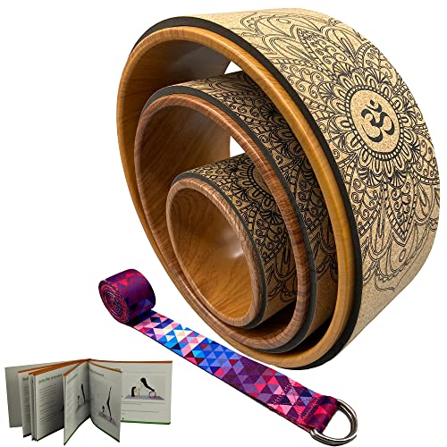 Aozora Yoga Wheel 13" with Most Detailed Book Step by Step Guide on How to Do 30+ Poses! Perfect for Stretching and Improving Backbends - color: 3 Pack - 13, 10 & 6" -Cork/Woodgrain +Strap