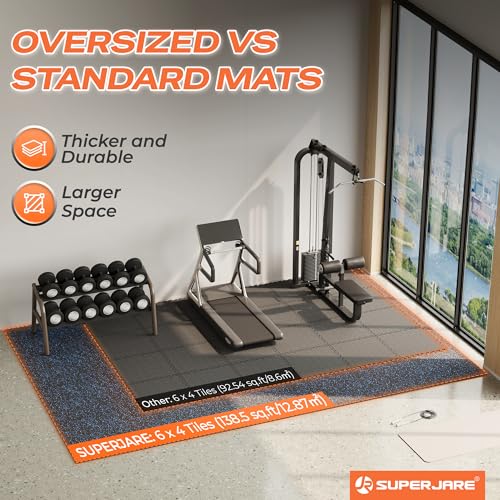 SUPERJARE 30" x 30" Larger Rubber Top Exercise Equipment Mats, 0.56" Thick 24PCS 150 Sq Ft High-Density EVA Foam Interlocking Gym Flooring, Big Workout Mat for Home Gym, Floor Protection, Black/Blue - size: 24 Tiles (150 Sq Ft)
