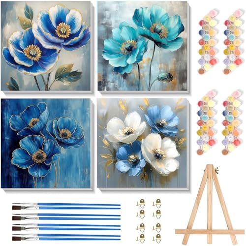 Flowers Paint by Numbers Kit for Adults Framed 4 Pack with Easel 8x8 inch | Small Paint by Number Kit for Adults Easy DIY Acrylic Oil Painting for Present Decor - color: flowers 5
