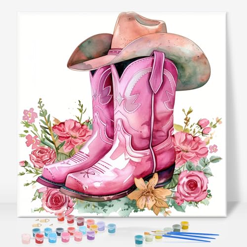 Framed Paint by Numbers Kit for Adults, Pink Cowboy Boots, 10 x 10 Inch | DIY Adult Paint by Number Kit for Beginners, Western Wall Decor, Stress Relief Craft Gift, Creative Hobby - color: TRTD1PF302