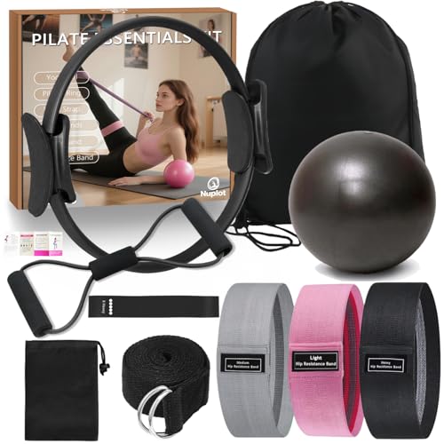 Nuplot Pilates Equipment, Pilates Kit for Home Workouts, Pilates Essentials Kit for Women, Home Pilates Kit with Pilates Ring and Ball Set, Booty Bands, Figure 8 Resistance Band, Yoga Band - color: Black