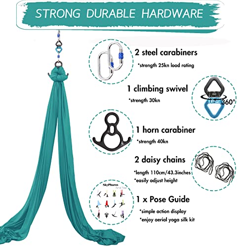 Aerial Silks Yoga Swing Set, Fitness Aerial Yoga Kit | Anti-Gravity Flight Aerial Yoga Hammock Kit; Low/Non Stretch Nylon Tricot Fabric; For Fitness & Dance; Hardware Included - color: Petrol