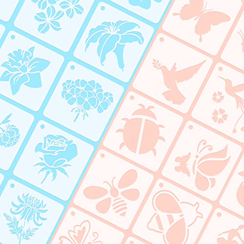 Augshy 56 Pack Flower Stencils for Painting, Butterfly and Bird, 3 Inch | Flower Butterfly Bird Stencils, for Wood Wall Floor Decor, DIY Rock Dot Painting, Art Projects - style: Flowering Plants