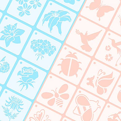 Augshy 56 Pack Flower Stencils for Painting, Butterfly and Bird, 3 Inch | Flower Butterfly Bird Stencils, for Wood Wall Floor Decor, DIY Rock Dot Painting, Art Projects - style: Flowering Plants