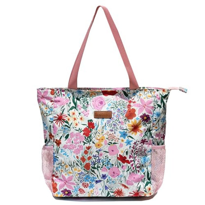 ESVAN Original Floral Water Resistant Large Tote Bag Shoulder Bag for Gym Beach Travel Daily Bags Upgraded - color: A Pink