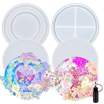 Resin Shaker Molds Set Large Round and Ring Coaster Pack of 3 Epoxy Silicone Trays Precision Tip Applicator Bottle Kit Bundle - color: Circle and Ring Craft Pack of 3
