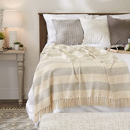 DII Rustic Farmhouse Cotton Cabana Striped Blanket Throw with Fringe, 50 x 60 - Cabana Striped Gray & Off-White - color: Gray & Off-white