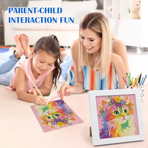 Leixonl Diamond Art Kits for Kids with Framed (7 in) Cartoon Animals DIY Gem Art Painting - Arts & Crafts Gifts for Beginners & Teens (1p-6-in-cat) - color: Cat
