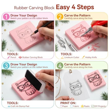 WAYCOM 5-Pack Linoleum Blocks for Printmaking: Linocut kit with Tools & Ink - 4x6 Rubber Carving Blocks - Art Craft Supplies for Beginners & Hobbyists - Gifts for Christmas/Birthday/Art Enthusiast - color: 5 Rubber Blocks + Carving Tool Kit