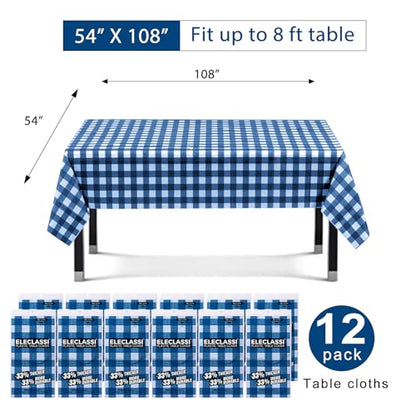 Eleclassi Blue Gingham Checkered 12 Pack Premium Disposable Plastic Tablecloth 54 x 108 in - Party Plastic Table Cloth Disposable Tablecloth for Rectangle Tables Up to 8 Ft - Plastic Table Cover - color: Blue Checkered, size: 12 Pack Rectangle